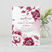 Burgundy Blume Aquarell Waschmädchen Taufe Einladung (Stehend Vorderseite)