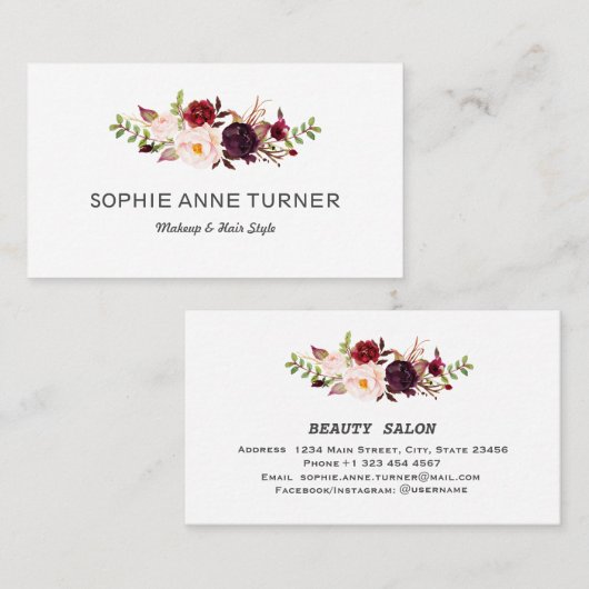 Burgundy Blume Beruflich Makeup Hair Style Visitenkarte (Vorne/Hinten)