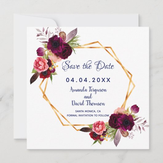 Burgundy Blume Blue Wedding Speichern Sie das Datu Save The Date (Vorderseite)