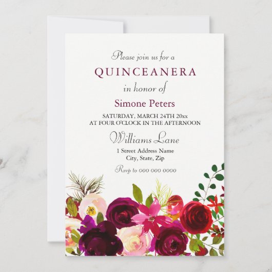 Burgundy Blume Floral Elegantes Quinceanera Einladung (Vorderseite)