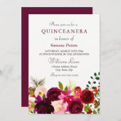 Burgundy Blume Floral Elegantes Quinceanera Einladung (Vorne/Hinten)