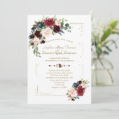 Burgundy Blume Gold Glitzer Frame Navy Hochzeit Einladung (Stehend Vorderseite)