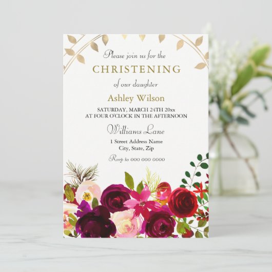 Burgundy Blume Gold Leaf Wreath Christening Einladung (Stehend Vorderseite)