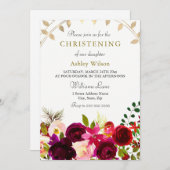 Burgundy Blume Gold Leaf Wreath Christening Einladung (Vorne/Hinten)