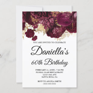 Burgundy Blume Goldener Foil Glam 60. Geburtstag Einladung