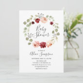 Burgundy Blume Greenery Eucalyptus Baby Shower Einladung (Stehend Vorderseite)