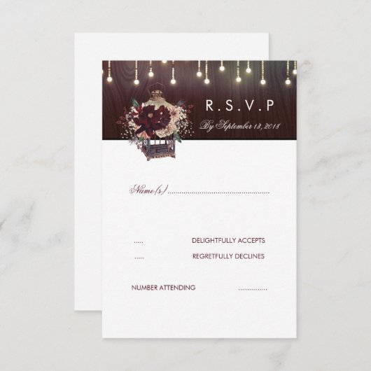 Burgundy Blume Lanter Rustic Wedding RSVP Card (Vorne/Hinten)