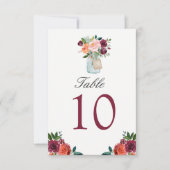 Burgundy Blume Mason Jar Wedding Tischnummer (Vorderseite)