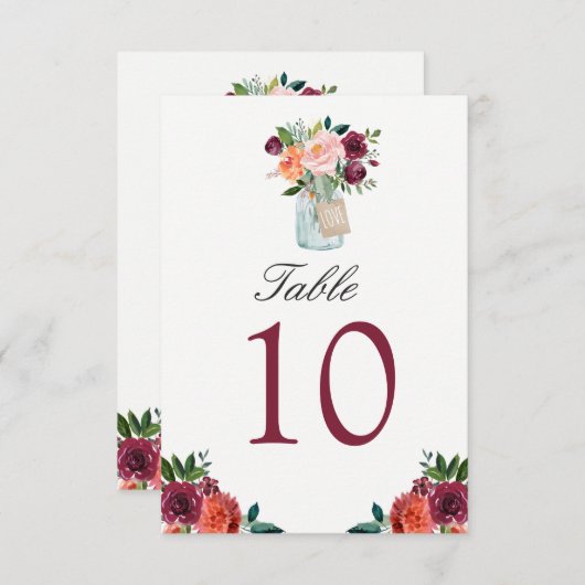 Burgundy Blume Mason Jar Wedding Tischnummer (Vorne/Hinten)