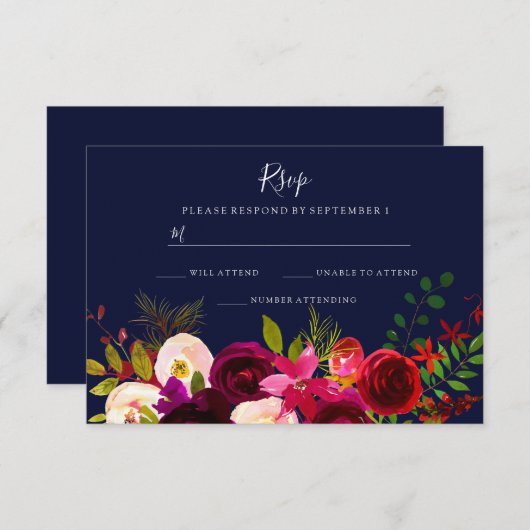 Burgundy Blume Navy Blue Wedding RSVP (Vorne/Hinten)
