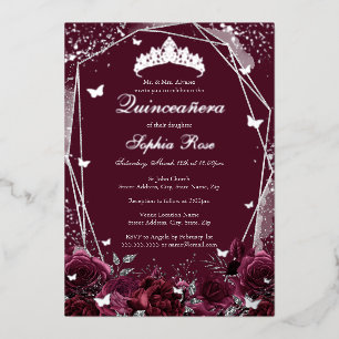 Burgundy Blume Tiara Silver Quinceanera Folieneinladung