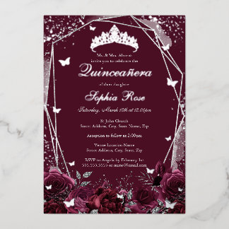 Burgundy Blume Tiara Silver Quinceanera Folieneinladung