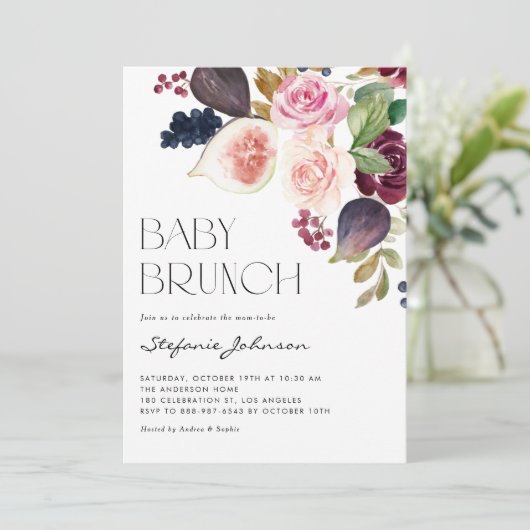 Burgundy-Blume und Fig QR-Code Baby Brunch Einladung (Stehend Vorderseite)