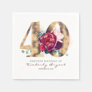 Burgundy Blume und Goldtypografie 40. Geburtstag Serviette