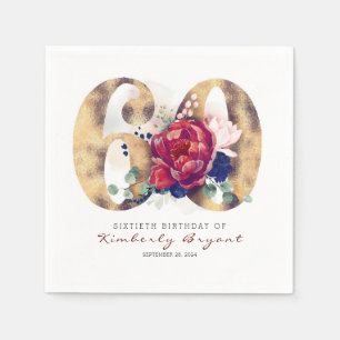 Burgundy Blume und Goldtypografie 60. Geburtstag Serviette
