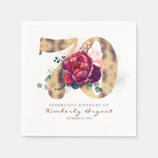 Burgundy Blume und Goldtypografie 70. Geburtstag Serviette (Vorderseite)
