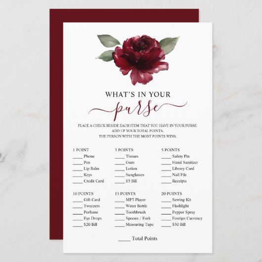 Burgundy Blume Was ist in Ihrer Purse-Game-Dusche (Vorne/Hinten)