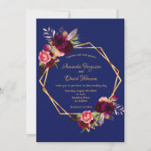 Burgundy Blumen Blau geometrische boho Hochzeit Einladung (Vorderseite)