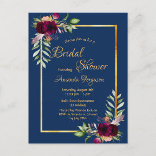 Burgundy Blumen Marineblau Gold Boho Brautparty Postkarte