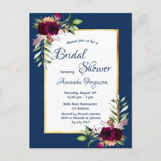 Burgundy Blumen Marineblau Gold Boho Brautparty Postkarte (Vorderseite)