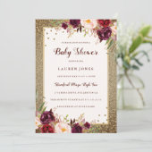 Burgundy Blumen Sparkle Gold Baby Dusche laden Einladung (Stehend Vorderseite)