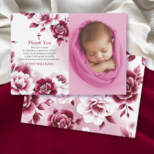 Burgundy Blumenaquarine Girl Taufe Foto Dankeskarte