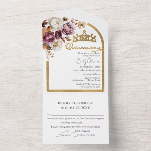 Burgundy Blumenarche Fall Quinceanera All In One Einladung (Innen Boden)