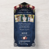 Burgundy Blumenblauer Holzschnitt 3 Foto Hochzeit All In One Einladung (Innen Boden)