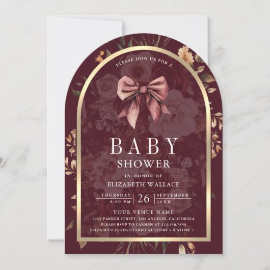 Burgundy Blumencoquette Bow Arch Babydusche Einladung (Vorderseite)