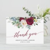 Burgundy Blumengrün Calligrafy Wedding Dankeskarte (Stehend Vorderseite)