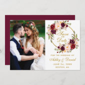 Burgundy Blumenschreath Gold Save the Date Foto (Vorne/Hinten)