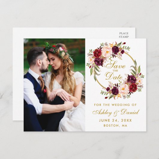 Burgundy Blumenschreath Gold Save the Date Foto Postkarte (Vorne/Hinten)
