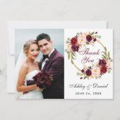 Burgundy Blumenschreath Wedding Foto Dankcard Dankeskarte (Vorderseite)