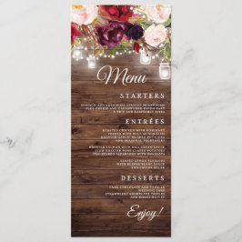 Burgundy Blumenstrauß Hochzeitmenü Menükarte