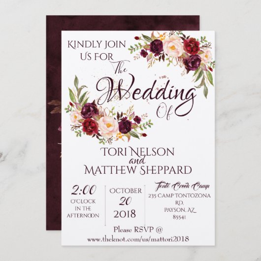 Burgundy Blumenwasser Farbe - einfache Linien Einladung (Vorne/Hinten)