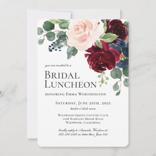 Burgundy Blush and Navy Floral Bridal Luncheon Einladung (Vorderseite)