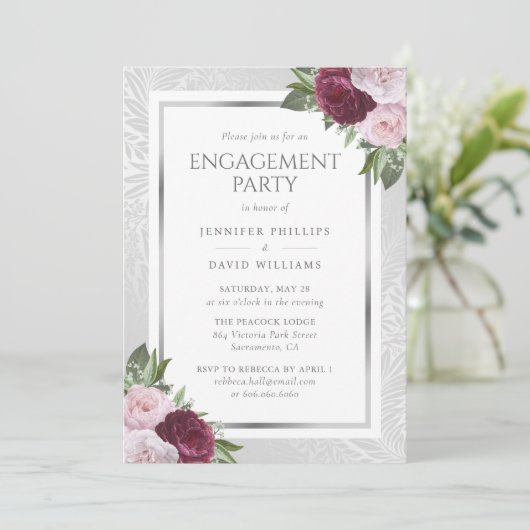 Burgundy Blush and Silver Floral Engagement Party Einladung (Stehend Vorderseite)