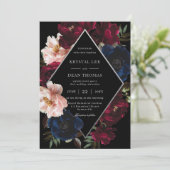 Burgundy Blush Black Navy Floral Silver Wedding Einladung (Stehend Vorderseite)