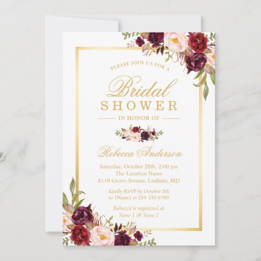 Burgundy Blush Bloom Floral Gold Brautparty Einladung (Vorderseite)