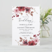 Burgundy Blush Bloral Alles in 1 QR Code Hochzeit Einladung (Stehend Vorderseite)