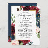 Burgundy Blush Bloral Blue Gold Engagement Party Einladung (Vorne/Hinten)