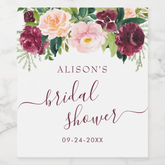 Burgundy Blush Bloral Brautparty Weinetikett