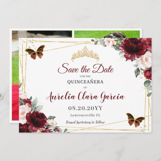 Burgundy Blush Bloral Crown Quinceañera 3 Fotos Save The Date (Vorne/Hinten)