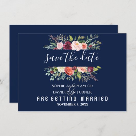 Burgundy Blush Bloral Frame Dunkelblu Save the Dat Save The Date (Vorne/Hinten)