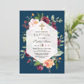 Burgundy Blush Bloral Geometric Navy Blue Taufe Einladung (Stehend Vorderseite)