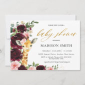 Burgundy Blush Bloral Giraffe Baby Dusche Einladung (Vorderseite)