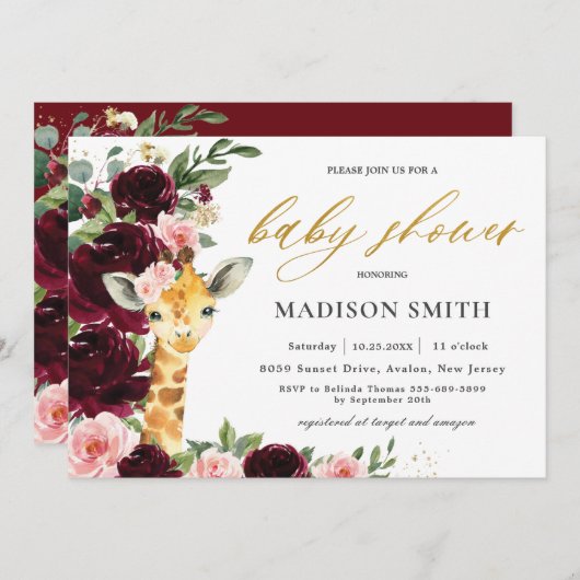 Burgundy Blush Bloral Giraffe Baby Dusche Einladung (Vorne/Hinten)