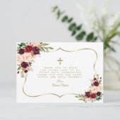 Burgundy Blush Bloral Gold Cross Heilige Kommune Dankeskarte (Stehend Vorderseite)