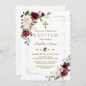 Burgundy Blush Bloral Gold Glitzer Frame Taufe Einladung (Vorne/Hinten)