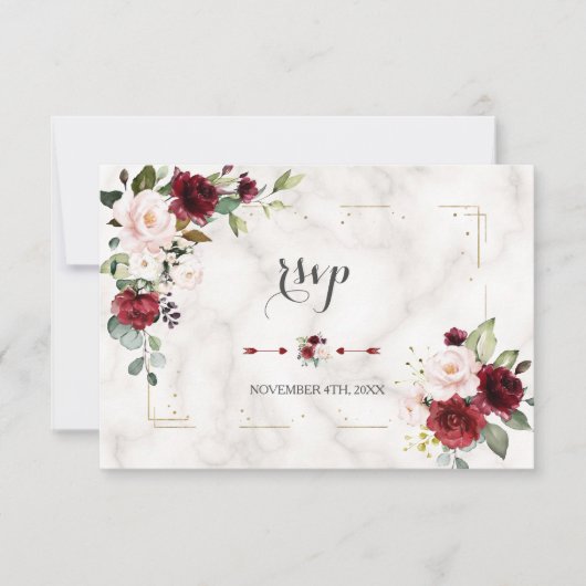 Burgundy Blush Bloral Gold Glitzer Marmorhochzeit RSVP Karte (Vorderseite)